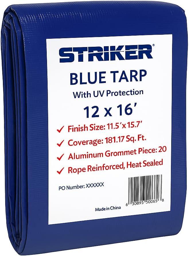 Striker Blue Tarp 12' x 16' - All Purpose PE Cover with UV Protection, 20 Rust-Resistant Grommets, and Rope-Reinforced Edges