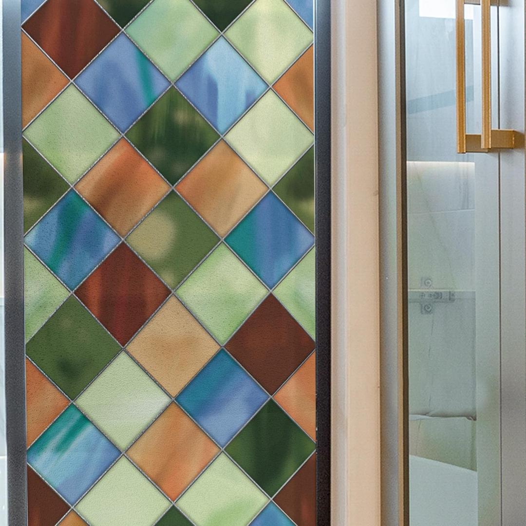 Window Privacy Film Stained Glass Frosted Glass, Static Cling Window Clings Retro Decorative for Bathroom, Home, Front Door Coverings UV Protection Heat Blocking, Grid, 16.93'' (78.74'' x 16.93'')