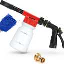 Ohuhu Car Wash Foam Gun for Garden Hose, Car Wash Soap Sprayer with 3/8" Connector & Washing Mitts, Dual Filtration, 6 Levels of Foam Concentration, Quick Connect to Most Garden Hose (Red)