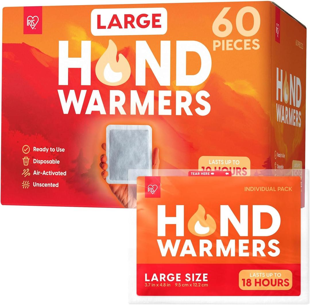 IRIS USA Hand Warmers, Large, 60 Individual Warmers, Regular/Adhesive Body Warmers Up to 18 Hours Disposable Handwarmer Bulk for Hot Hands Feet Chest Back, TSA-Approved, Camping, Large