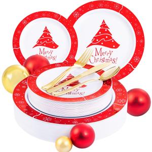 Rubtlamp 125Pcs Christmas Plastic Plates, Plastic Red Plates with Snow Christmas Tree, christmas Dinnerware Disposable Include 25 Party Red Dinner Platos,25 Fancy Salad plate,75 Gold Cutlery