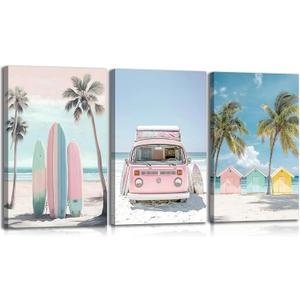 3pcs Framed Pink Coastal Canvas Wall Art Tropical Beach Poster Print Surfboard Palm Tree Van Picture for Beach House Bathroom Living Room Bedroom and More Home Decor 24x16in