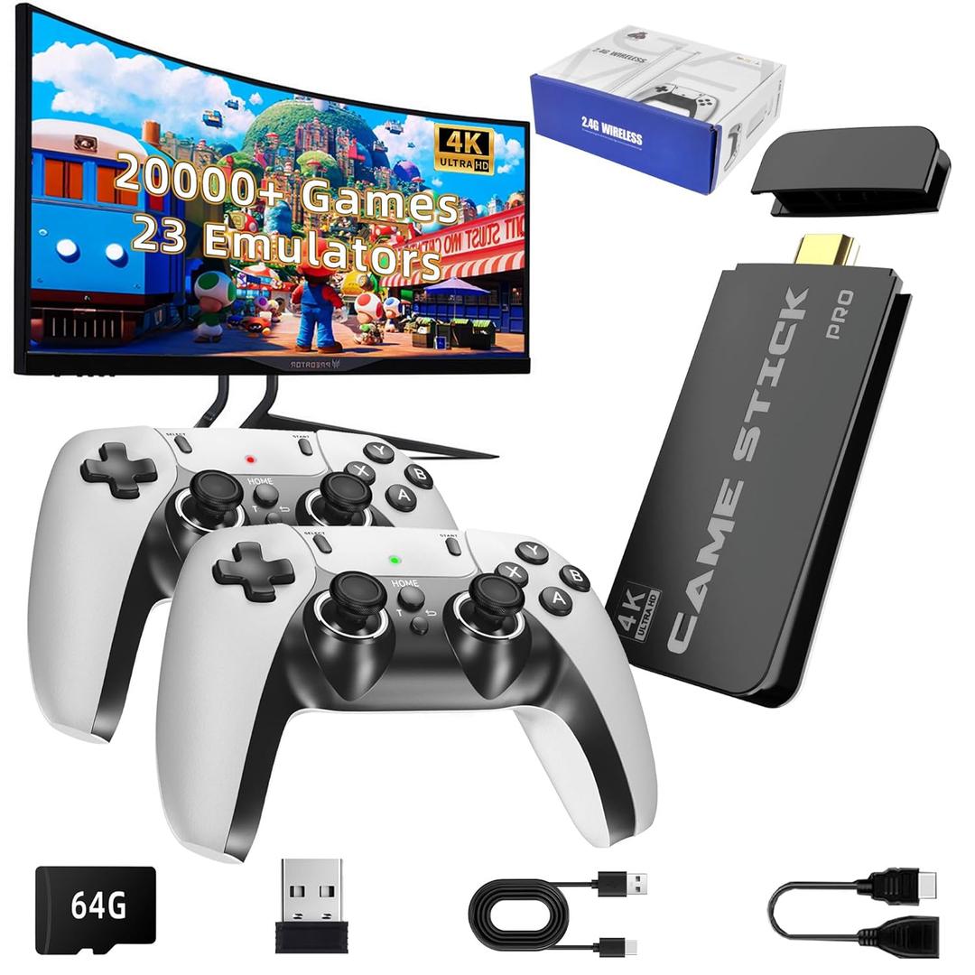 BADGOAL 2025 Upgrades Retro Game Console Stick, Nostalgia Gaming Stick, Over 20,000 Games and 23 Emulators, Upgraded Dual 2.4G Wireless Controllers, Plug & Play TV Video Gaming Stick with 64GB Memory