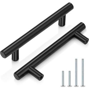 Probrico (10 Pack Flat Black Cabinet Handles, 3-3/4 Inch Hole Centers Modern Cabinet Hardware Cupboard Pull Kitchen Cabinet T Bar Handle Dresser Pulls, 6 Inch Total Length