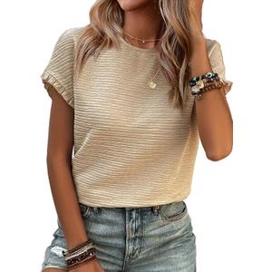 SHEWIN Womens Summer Tops Crewneck Short Sleeve T Shirts Casual Textured Work Shirt Loose Blouses (Beige, XXL)