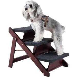MEWANG Wooden Pet Stairs/Pet Steps - 3-in-1 Foldable Stairs & Rampfor Beds and Cars - Portable Dog/Cat Ladder Up to 220 Pounds - Great for Small and Older Animals(Brown) (24.8" L x 17.2" W x 19.5" H)