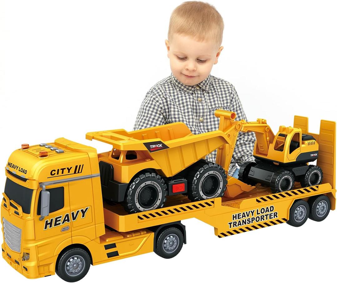3-in-1 Construction Truck Toys for Kids Ages 3-6 - Inertia Semi Trailer with Excavator & Dump Truck, Light and Sound Play Vehicles
