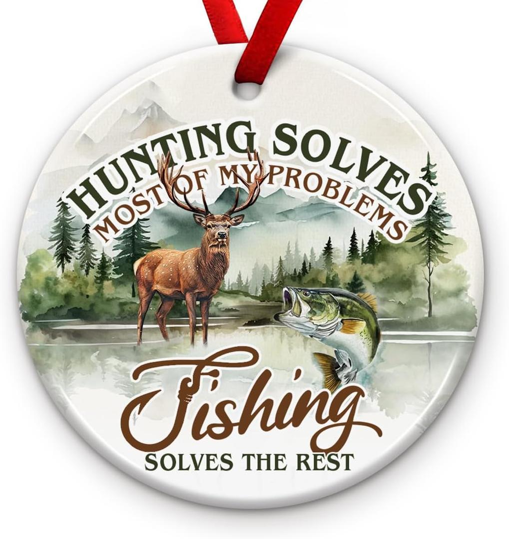 2 x Hunting and Fishing Solves Problems Ornaments - Outdoor Deer Hunting Decor, Wildlife Ornaments for Christmas Tree - Woodland Animal Decoration, Ideas for Fishing Lover, Hunter