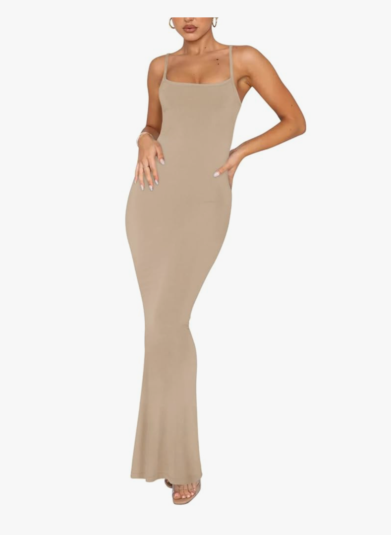 REORIA Women's Basic Sexy Lounge Slip Long Dress Elegant Sleeveless Backless Ribbed Bodycon Maxi Dresses, Medium, Peach Fuzz
