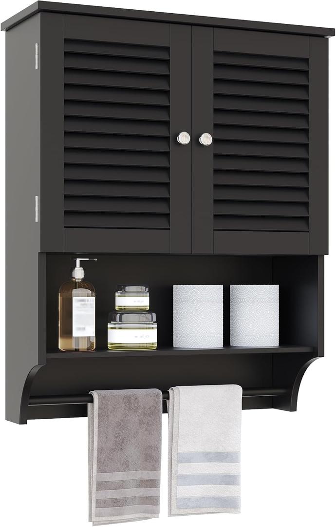 ChooChoo Bathroom Wall Cabinet with Towels Bar, 23.6" L x 8.8" W x 29.5" H MDF Material Medicine Cabinet, 2 Doors Over The Toilet Space Saver Storage Cabinet with Large Space, Black