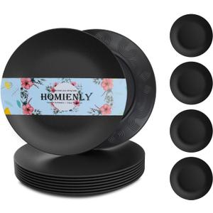 Homienly Dinner Plates Set of 8 Unbreakable Wheat Straw Plates with Textured Design - Microwave & Dishwasher Safe - Perfect for Camping, Kitchen Use - Black, 9 inch