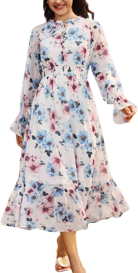 Sunny Spirit Women's Floral Boho Midi Dress 2025 Spring Fall Long Sleeve V Neck Chiffon A-Line Flowy Party Dresses (XL)