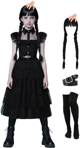 Cabeny Girls Halloween Costumes for Kids Black Dress Cosplay with Accessories Wig Socks Hairpin, Size 130