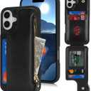 Cavor for iPhone 16 Case with Card Holder,for iPhone 16 Wallet Case for Women,Leather Zipper Pocket Shockproof Phone Cover-Black
