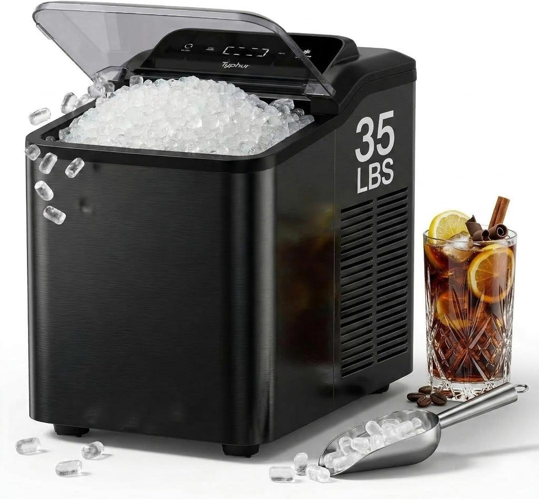 Typhur Fast Nugget Ice Maker Countertop, Chewable Pebble & Pellet Ice Machine with Self-Cleaning Pump & 8-Pack Cleaners, 35lbs/24H Crushed Ice for Kitchen, Bar, RV, Outdoor (Black Stainless Steel)