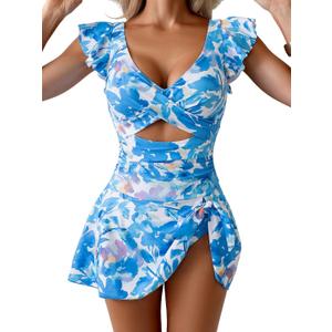 Aidonger One Piece Swimdress Swimsuit for Women Tummy Control Ruffle Swim Dress Skirt V Neck Cutout Wrap Bathing Suit, Large 