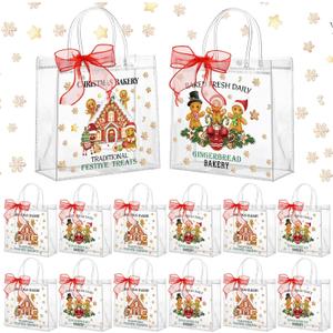 Motipuns 24 Pcs Christmas Clear PVC Gift Bags with Handles Christmas Gingerbread Man House Party Favor Reusable Plastic Candy Treat Tote Bags for Merry New Year Xmas Birthday Party Supplies