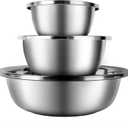 3-Piece Metal Mixing Bowl Set, Stainless Steel, Nesting | 1.3, 3.5 and 7.4 qt sizes with wide rolled rims, flat bases and deep bowls for baking, dough and salad prep