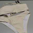 ZAFUL Women Strapless Textured Bandeau Bikini 2 Piece Swimwear Cheeky Solid Lace up Bathing Suits (1-beige), XL