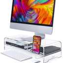 BEYGORM Acrylic Monitor Stand for Full Keyboard, 20" Wide 2-Tier Riser with Storage Shelf and Phone Holder, Desktop Organizer for Laptop, Printer, Screen (Clear)