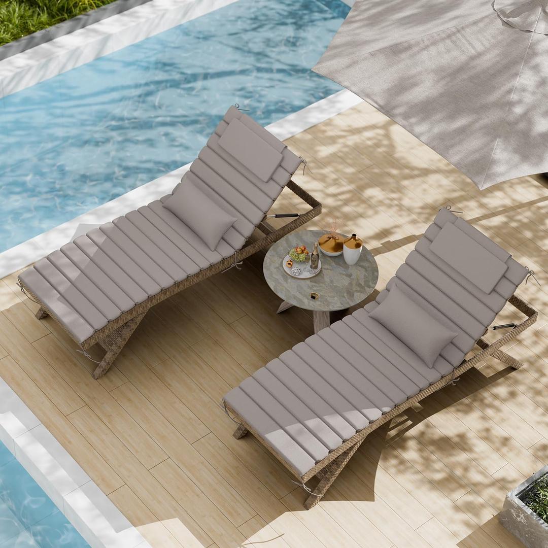 2 Sets of Outdoor Water-Resistant Olefin Chaise Lounge Cushions with Headrest and Pillow, Weather and Fade Resistant Foldable Quilted Lounge Chair Pads with Straps, Dark Blue, 73" L x 22" W