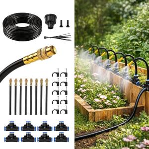 50FT Drip Irrigation Kit, 360 Adjustable Garden Watering System with 1/4" Tubing, Brass Misting Nozzles, DIY Irrigation System for Plants, Raised Beds, Greenhouse