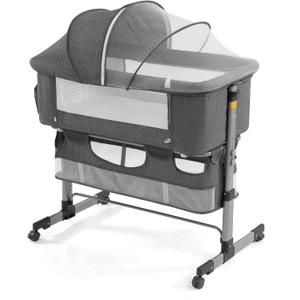 Bedside Sleeper Bedside Crib, Baby Bassinet 3 in 1 Travel Baby Crib Baby Bed with Breathable Net,Adjustable Portable Bed for Infant/Baby(Deep Grey)
