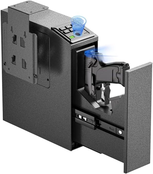 Mounted Gun Safe for Handgun with Quick Access Sliding Door, Biometric Nightstand Pistol Lock Box with Security Fingerprint, Key Access, PIN Code for Car, Bedroom, Desk and Walls