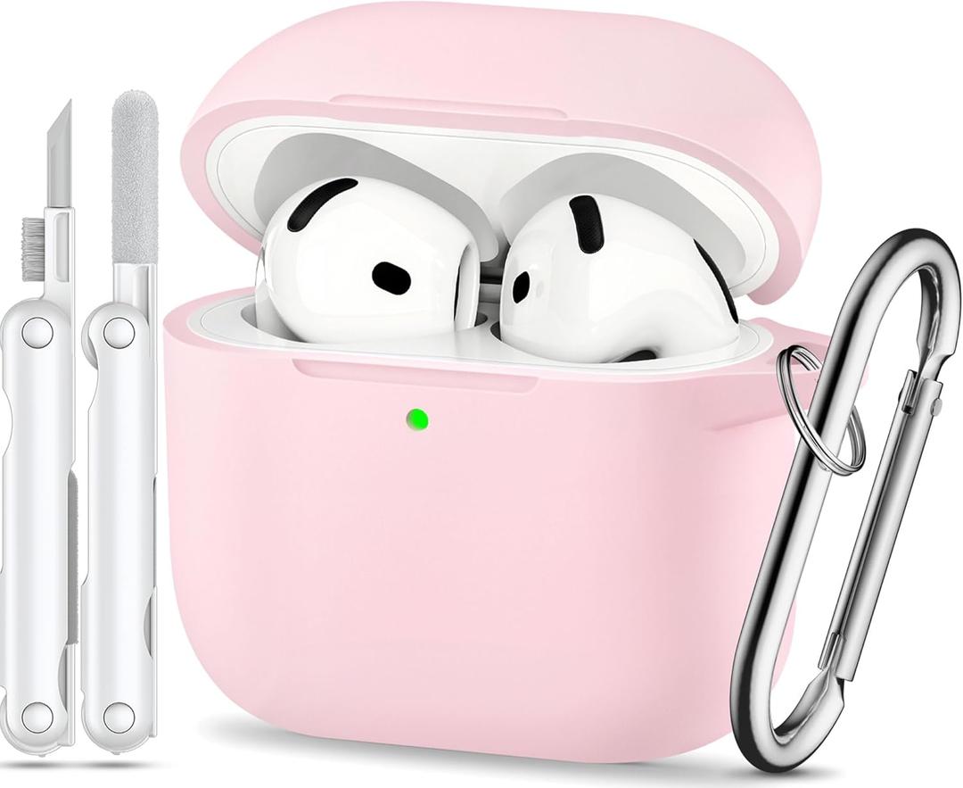 for AirPods 4 Case Pink with 3-in-1 Cleaner Kit & Keychain, Skin-Soft Silicone 360 Full Protection iPod 4 Case Cute Compatible with Apple Airpods 4th Gen 2024 Cover for Women Girly, Lightpink