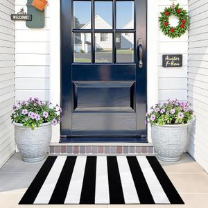 OLANLY Black and White Striped Rug 2' x 3' (24" x 36")  Washable Cotton Indoor Outdoor Doormat for Front Door, Entryway, Kitchen, Porch, Patio Decor