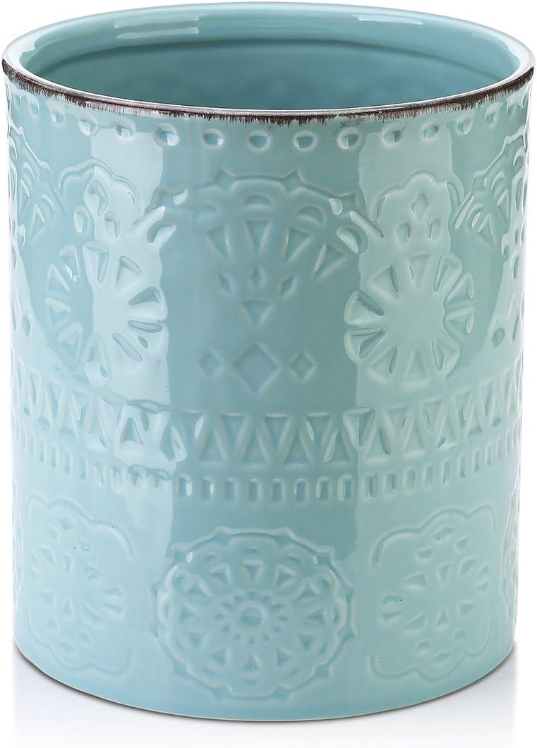 DOWAN 7.2" Kitchen Utensil Holder, Extra Large Farmhouse Utensil Holders for Countertop, Ceramic Utensil Crock, Anti Slip Cork Bottom (Blue)