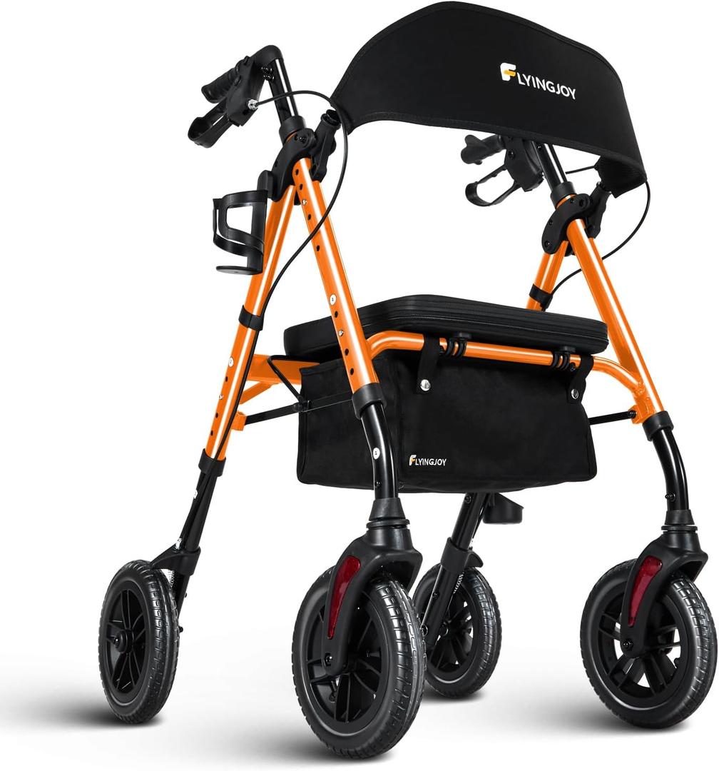 Lightweight Rollator Walker with Seat & Backrest - Foldable Mobility Aid for Seniors, 8" Large Airless Tires, Adjustable Height, Brake,Storage Bag,300 lbs Capacity, 4 Wheel Rolling Walkers for Adults