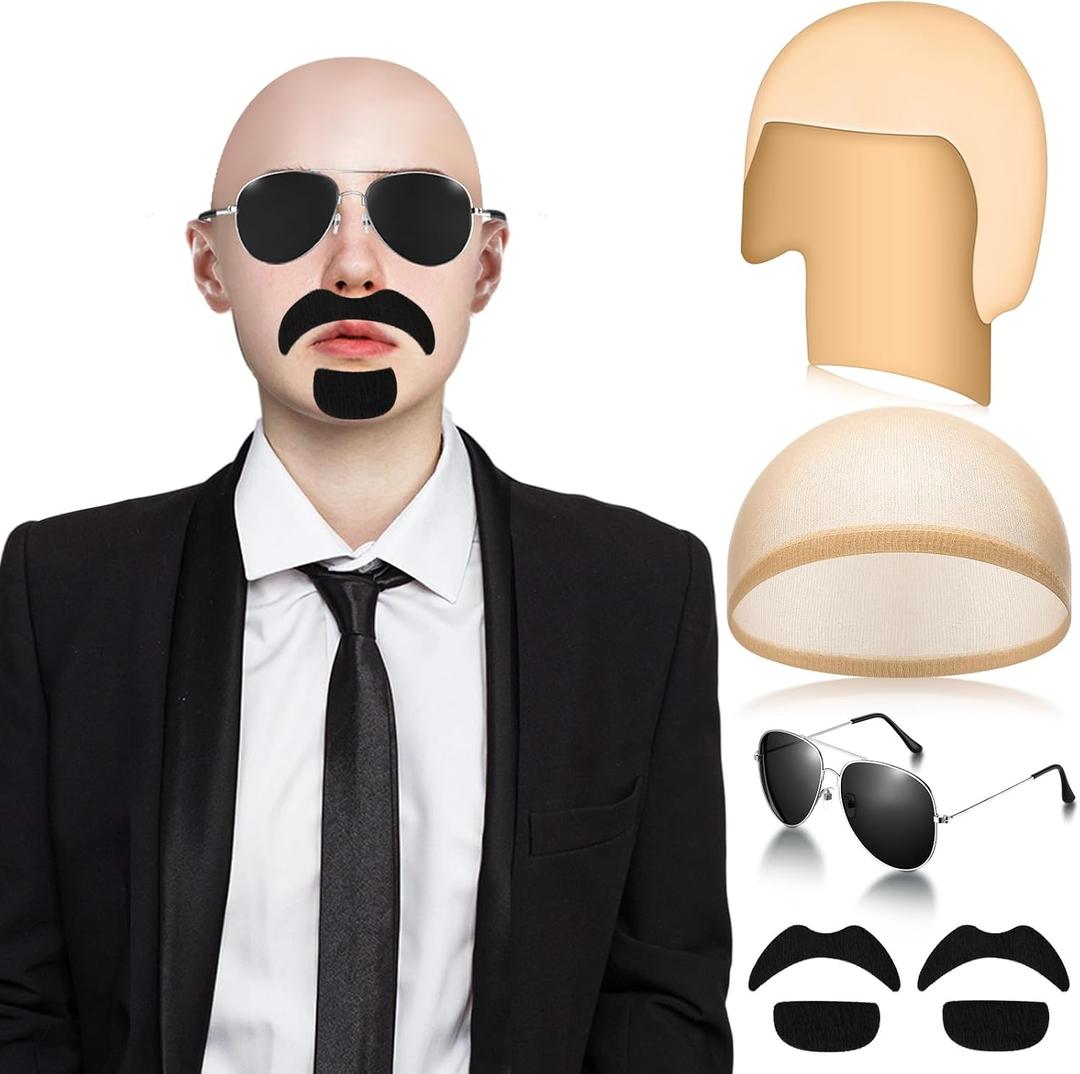 Mepase Bald Caps with Glasses and Mustache Bald Head Wig Cap Party Costume Accessories for Women Men Halloween Cosplay (Black)