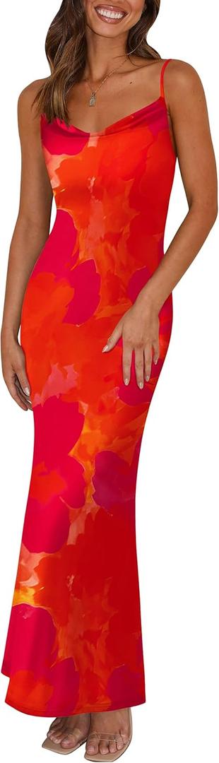 PRETTYGARDEN Women's 2026 Summer Floral Spaghetti Strap Maxi Dress Stretch Sexy Bodycon Dress Backless Slip Long Dresses (L)