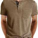 Mens Casual Short Sleeve Henley Shirts Fashion Button T Shirts with Pocket (Medium, Khaki)