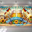 Oktoberfest Banner Polyester 71x43 Inch Beer Festival Decoration with German Flags, Pretzels, Beer Mugs, Sunflowers & Oktoberfest Backdrop