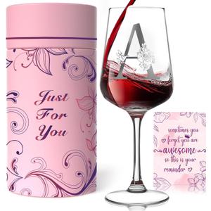 Mothers Day Gifts for Mom, Grandma, Wife - Personalized Monogram A-Z Wine Glass Gifts for Women - Unique Birthday Gift for Her, Sister, Best Friend - Elegant Custom Glass with Gift Box & Card (A)