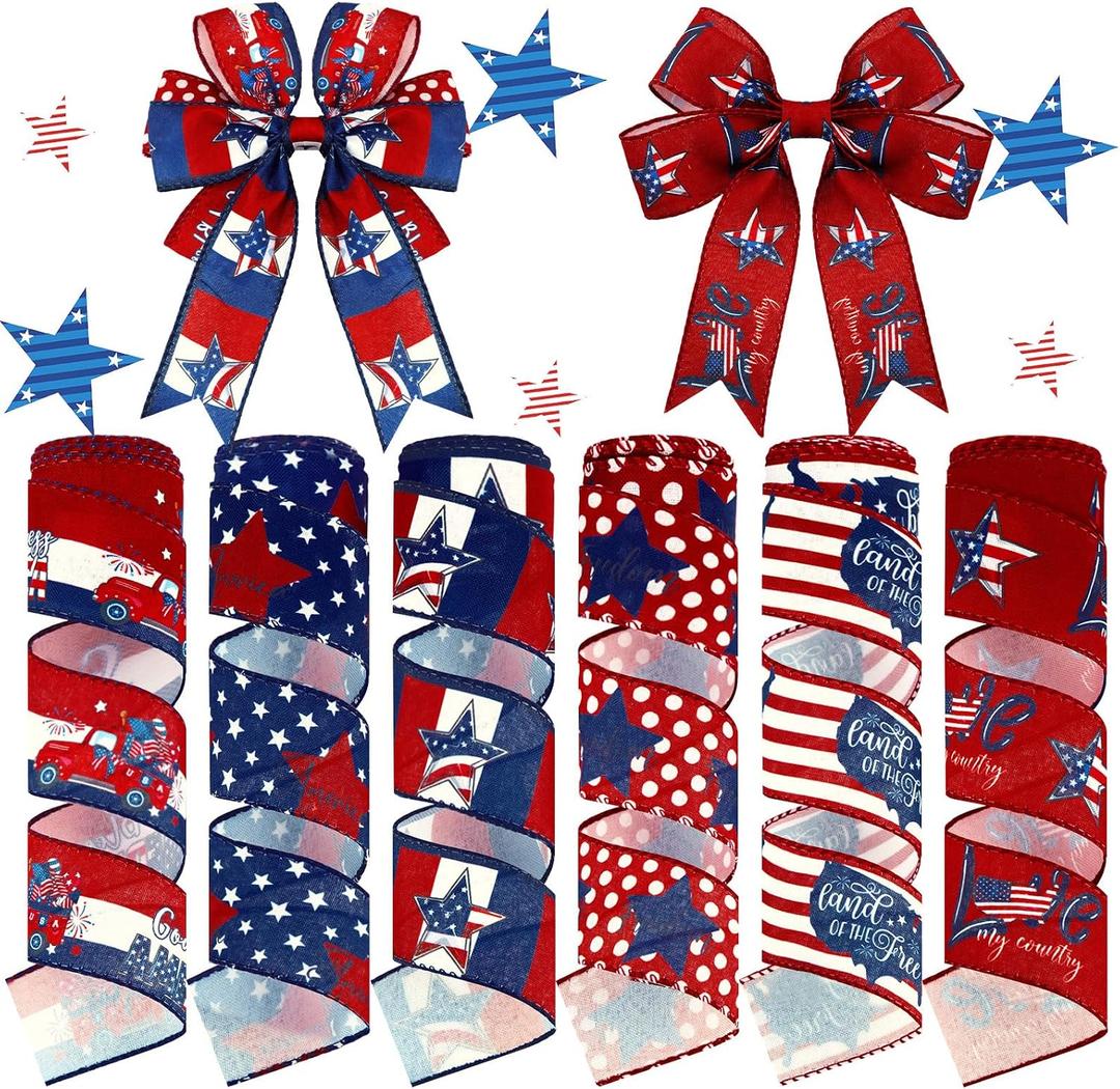 Tigeen 6 Rolls 30 Yards 250th Anniversary Memorial Day 4th of July Patriotic Ribbon Stars and Stripes Burlap Wired Edge Ribbon White Red Blue Decor for Independence Day Gift DIY Wreath Bow Craft
