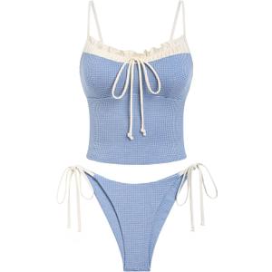 ZAFUL Tankini Swimsuits for Women Tie Front Tummy Control Spliced Ruffles Bikini Sets Two Piece Bathing Suits (Large, 1-blue)