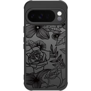 Dumkery Cute Case Compatible with Google Pixel 10 Pro XL Case, Aesthetic Black Line Art Floral Rose Pattern Print, Translucence Hard PC Anti Scratch Shockproof Cover for Girls Women