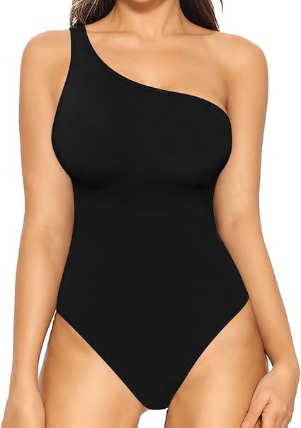 MANGOPOP Women's One Shoulder Bodysuit Sexy Sleeveless Long Sleeve Backless Body Suits Off Shoulder Going Out Tops  XXL A01-Black 