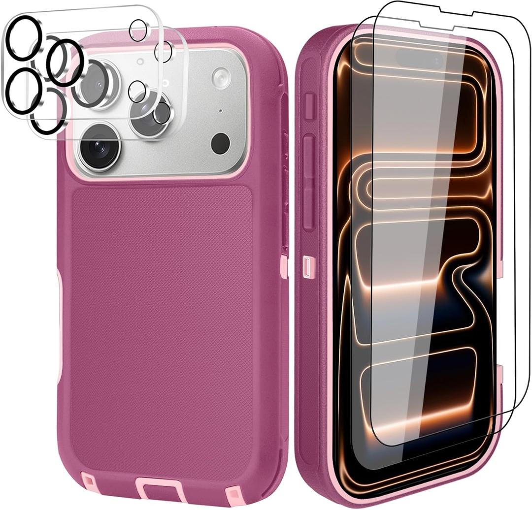 for iPhone 17 Pro Max Case (6.9"), with Belt Clip Holster and 2 Screen Protector+2 Camera Lens,Tough Durable,Military- Grade Shockproof Drop Protection,Heavy Duty Cover-WinePink