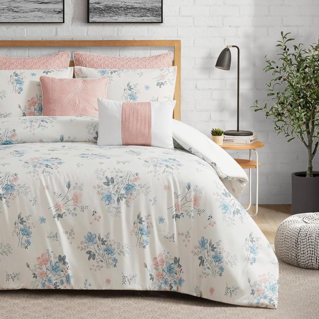 Lucky Brand Clarie Floral Comforter Set with Pillows - Full/Queen Size - 7 Piece Luxurious Bedding Ensemble (Floral Comforter & Pillow Sham Set With Throw Pillows)