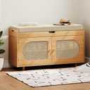 Rattan Shoe Storage Bench, 35.4" Bamboo Entryway Bench, 2-Tier Shoe Rack with 2 Doors & Padded Seat Cushion for Entryway, Living Room, Bedroom