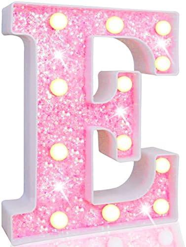 Pooqla LED Marquee Letter Lights, Light Up Pink Letters Glitter Alphabet Letter Sign Battery Powered for Night Light Birthday Party Wedding Girls Gifts Home Bar Christmas Decoration, Pink E