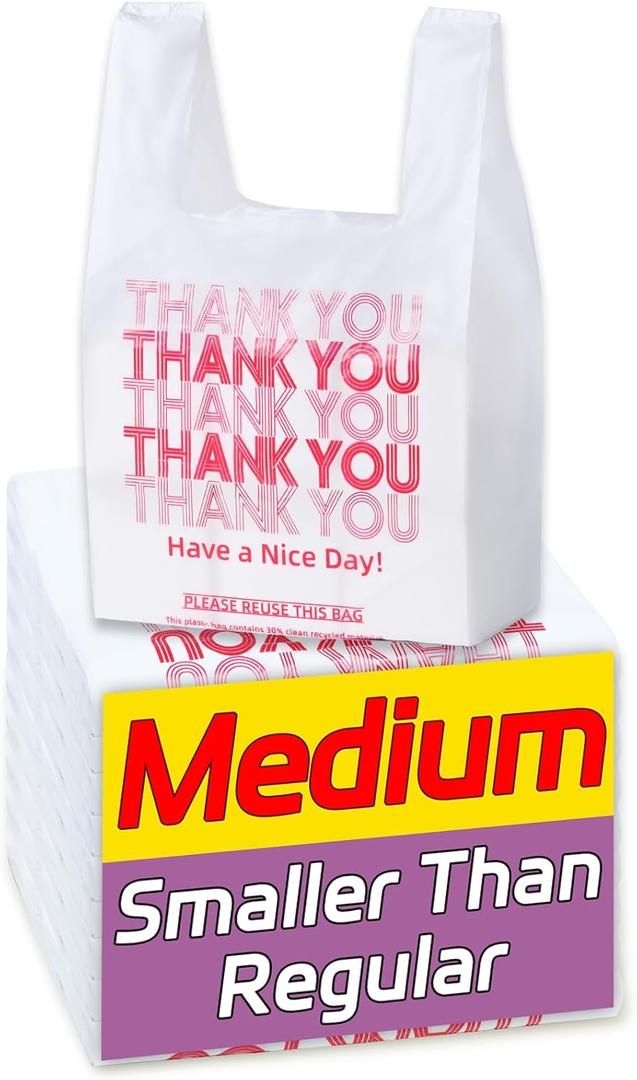 Medium Size 100 Count Plastic Bags with Handles, T-Shirt Bags, Thank You bags, Shopping Bag, Grocery bag, |for Store, Carry, Pack, Retail|, White, 1/8 Barrel, 10"x5"x18"