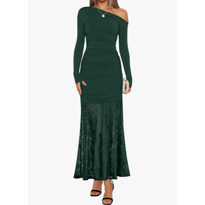 ZESICA Women's Long Sleeve Off Shoulder Bodycon Dresses Fall 2026 Ruched Lace Wedding Guest Cocktail Formal Maxi Dress L