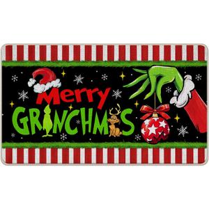 Merry Christmas Welcome Front Door Mat, Funny Xmas Ball Santa Hat Max Dog Decorative Doormat Non-Slip Floor Entryway Rug, Winter Holiday Indoor Outdoor Home Kitchen Decoration 17x29 Inches