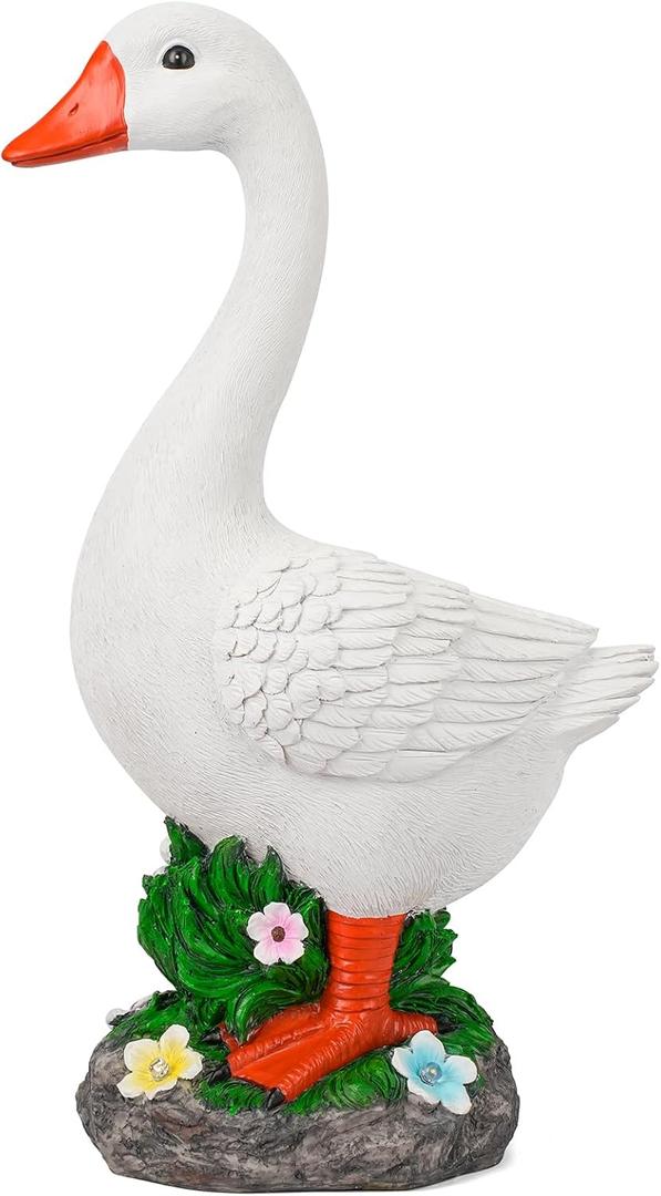 Large Porch Goose Statue with Solar Garden Light,20 Inch Realistic Hand-Painted Goose Sculpture, All-Weather Resin Outdoor Decor for Garden, Yard, Patio, Fits Standard Goose and Duck Outfits,White
