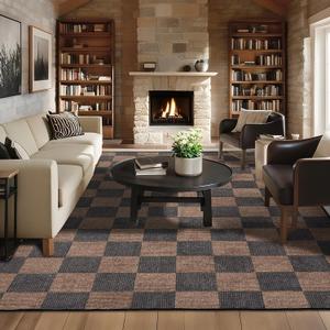 Washable Rug 8x10 Checkered Rug, Black and Brown Area Rug, Boho Large Rugs for Living Room, Low Pile Lightweight Indoor Carpet with Non-Slip Backing for Bedroom Classroom Playroom Kids